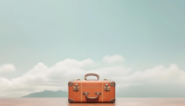 A brown suitcase on a wooden table with a blue sky in the background.