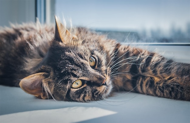 Brown tabby cat lies by the window