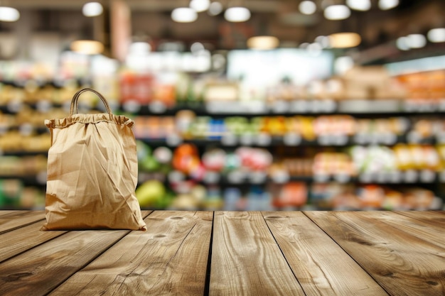 茶色のテーブルと背景の青いスーパーマーケットと商品のバッグ