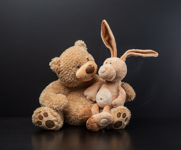 Brown teddy bear holding a teddy bunny on his knees on a black chalk board background