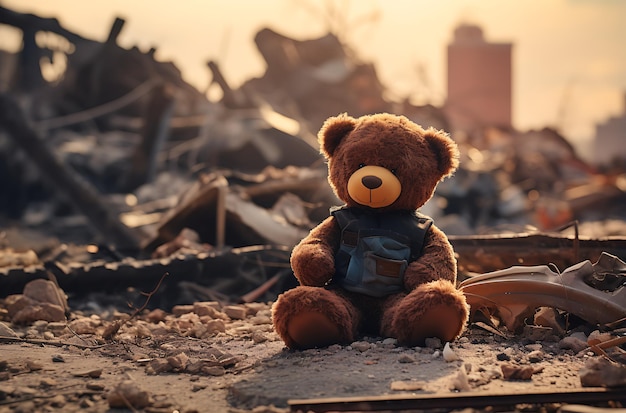 a brown teddy bear sits in a ruin generative ai
