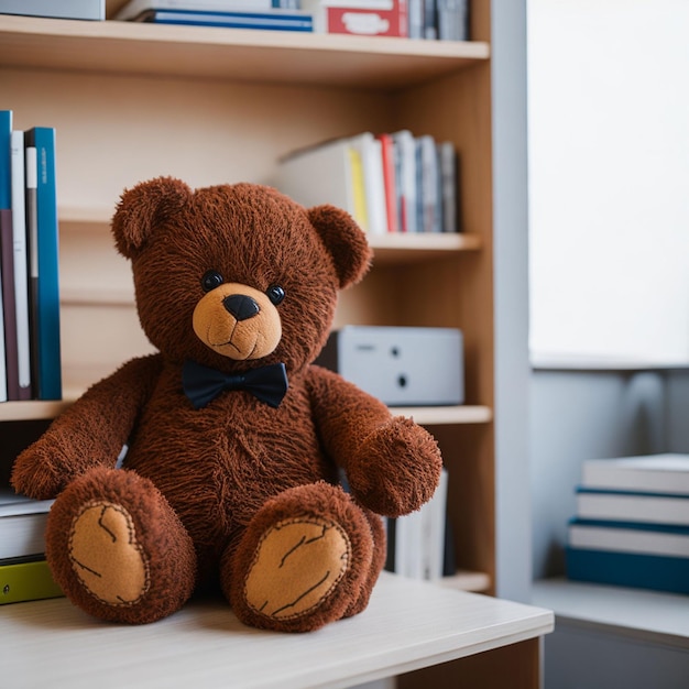 A brown teddy bear sits on a table next to a bookcase.