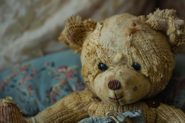 Photo a brown teddy bear sitting on top of a couch