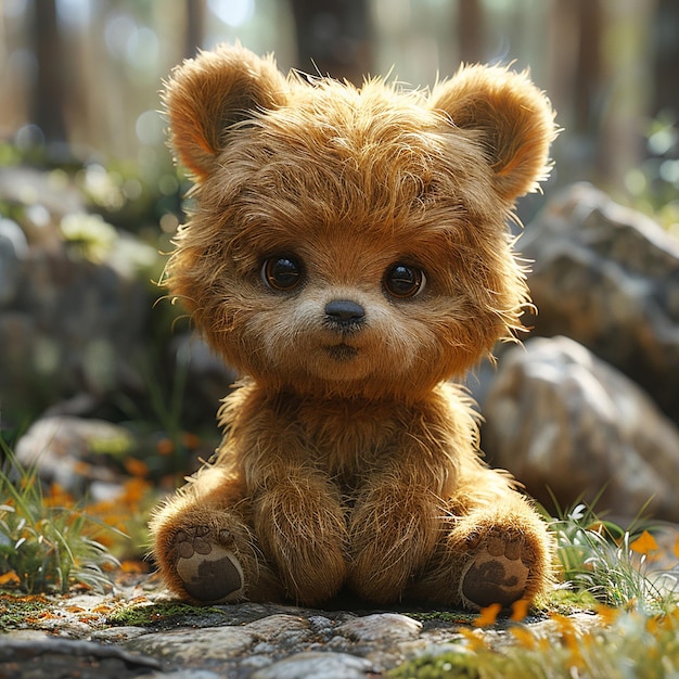 a brown teddy bear sitting in the woods with fallen trees