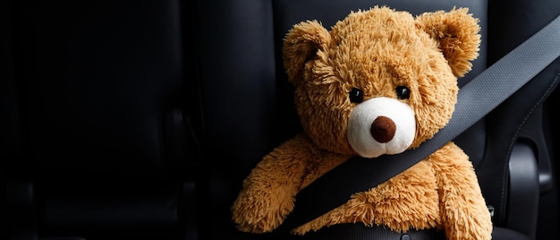 Brown teddy bear wearing car seat belt