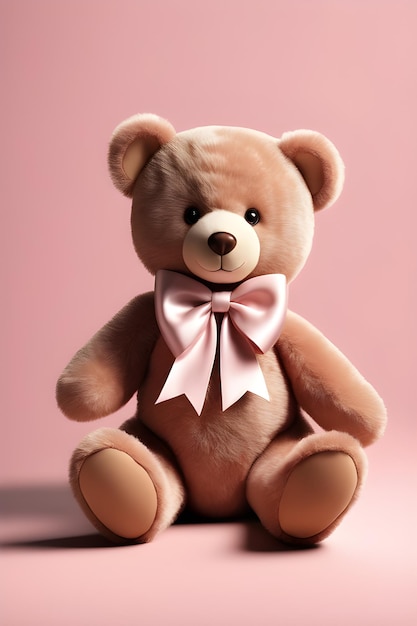 Brown Teddy bear with pink bow on pink background 3d rendering