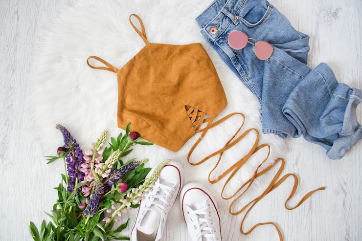 Photo brown top with ties, blue jeans, white sneakers. bouquet of wildflowers. fashionable concept