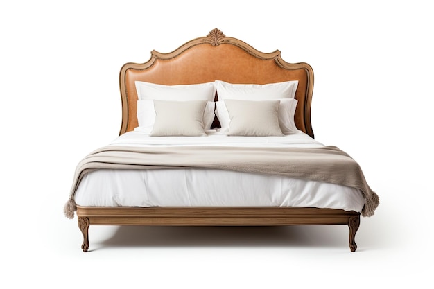 A brown traditional double bed seen alone on a white background