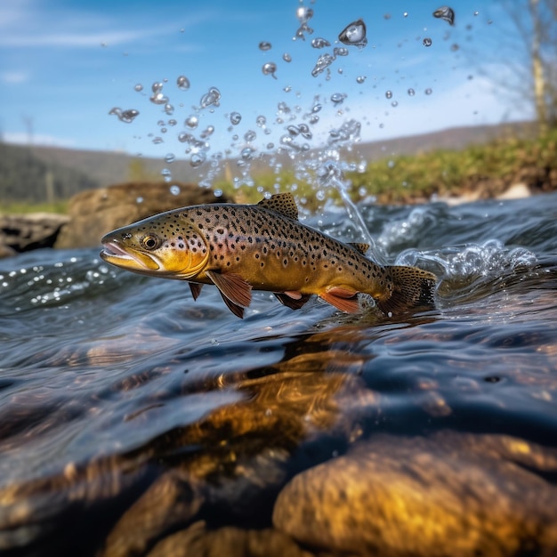 a brown trout is caught in a stream with water splashing around it.