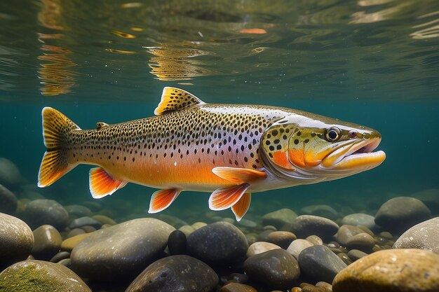 写真 ブラウン・トラウト (salmo trutta) はヨーロッパの川や小川で生息する美しい色の人気の川魚で水面で昆虫を狩っているスロベニア