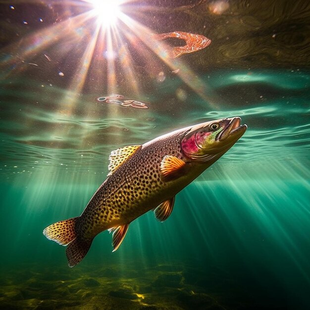 a brown trout with a pink nose is swimming in the water.