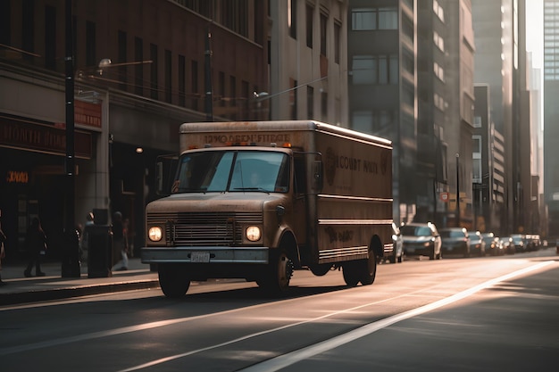 A brown truck with the words fire truck on the front drives down a busy street.