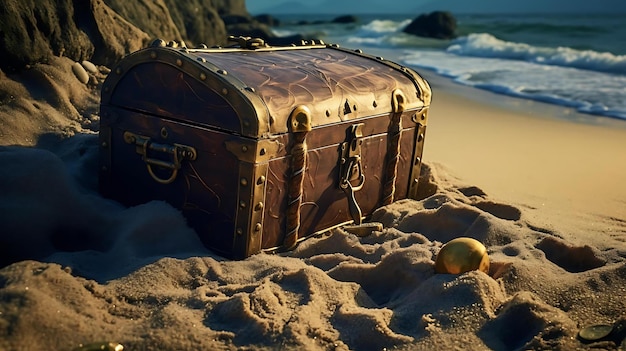 갈색 트렁크가 모래에 공이 있는 모래에 있습니다.