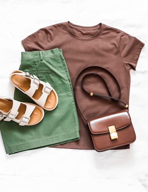 Brown tshirt green cotton bermudas leather sandals cross body bag set of women's comfortable clothing for leisure travel city walks