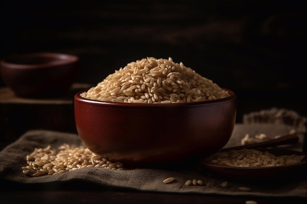 Brown uncooked rice dark background Generative AI