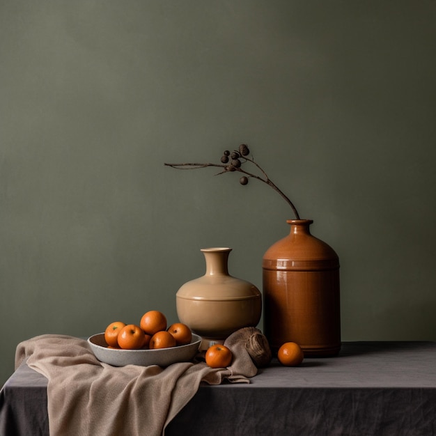 A brown vase with a plant on it next to a plate with oranges.