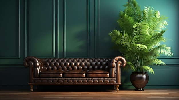 Brown vintage Kensington leather sofa in luxury living room dark green wall tropical Generative AI