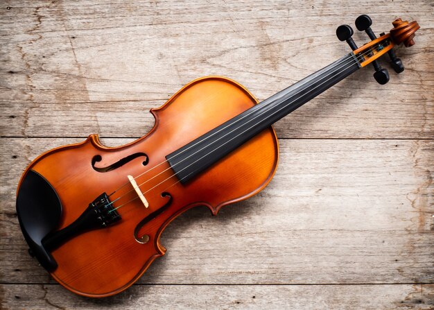 Brown violin on wooden background