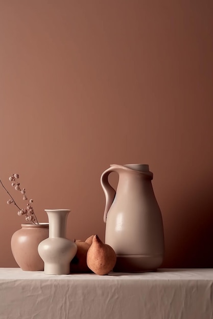 A brown wall with a brown vase and a bunch of other vases.