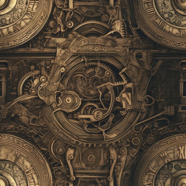 A brown wall with gears and a clock on it