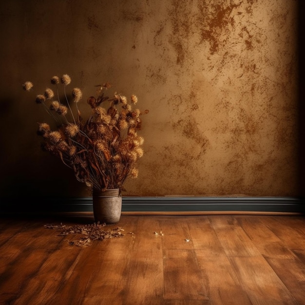 A brown wall with a vase of flowers in it and a brown wall behind it.