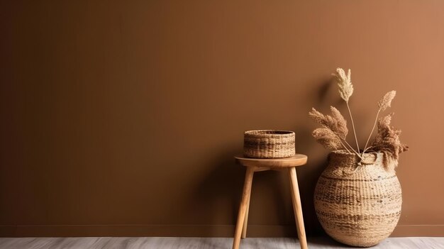 A brown wall with a wooden stool and a basket on it