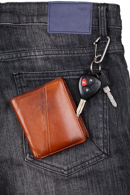 Brown wallet car keys on black jean