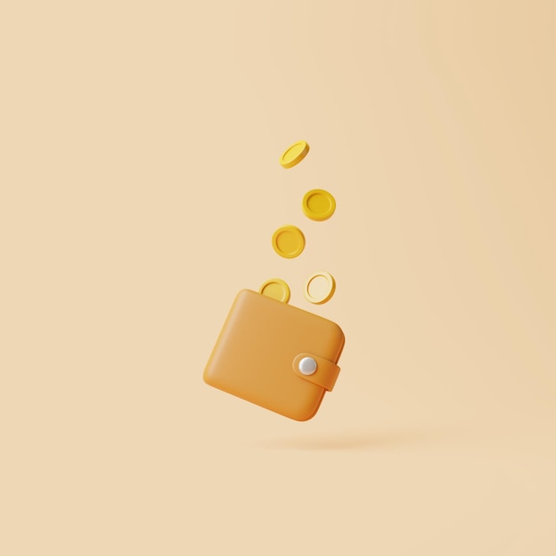 Photo brown wallet icon with golden coins floats on pastel beige background 3d render illustration