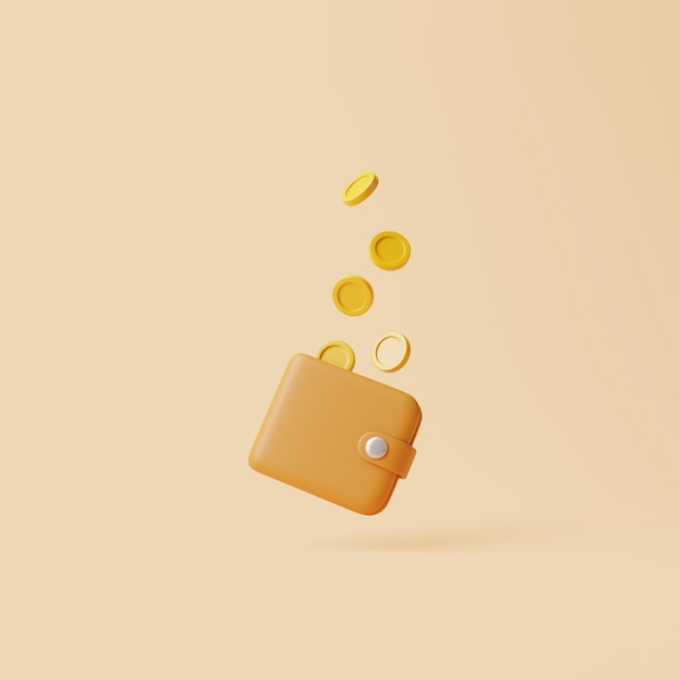 Brown wallet icon with golden coins floats on pastel beige background 3D render illustration