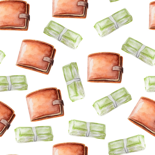 Brown wallet and wad of money watercolor seamless pattern