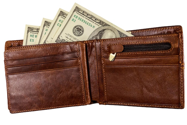 사진 흰색 배경에 고립 된 미국 달러와 갈색 지갑