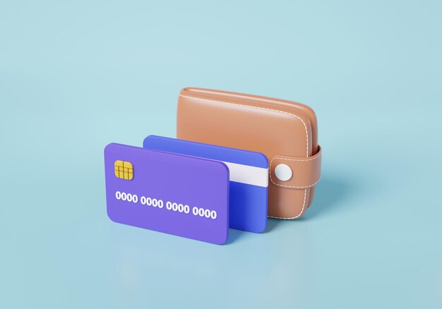 Brown wallet with credit debit card top view isometric Cash back digital wallet concept finance online payment on isolated sky blue background banner cartoon minimal style 3d render illustration