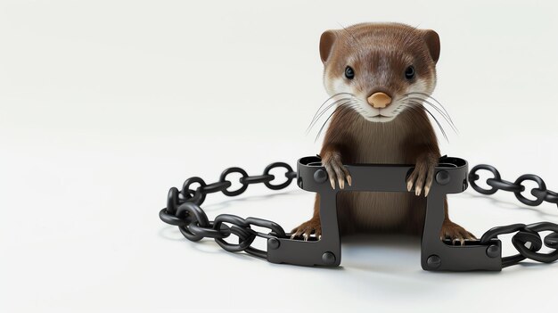 A brown weasel is trapped in a metal trap The weasel is looking at the camera with a scared expression