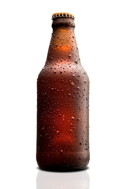 Brown wet Bottle of beer isolated on white background