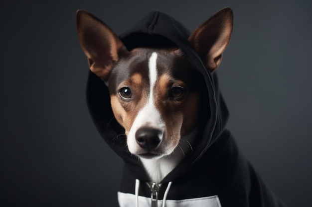 Brown and white basenji dog in a black hoodie with metal zipper squints disdainfully isolated on white