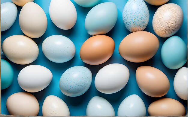 Коричнево-белые и синие яйца на синем фоне