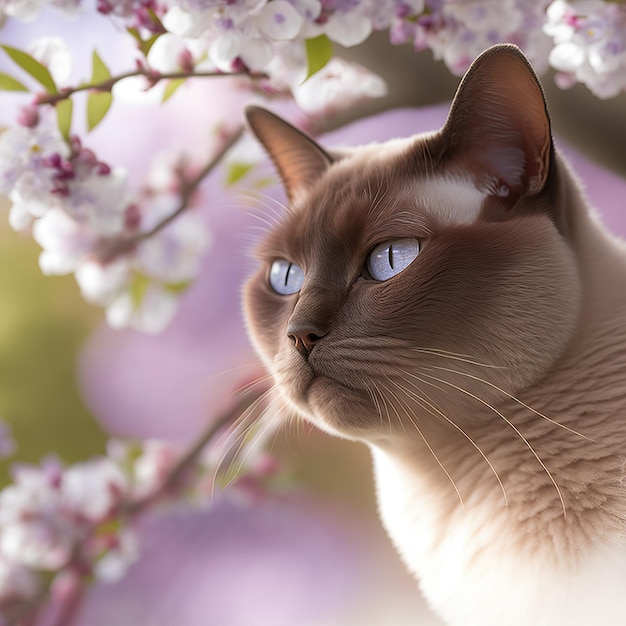 파란 눈을 가진 갈색과 흰색 고양이가 보라색 배경 앞에 있습니다.