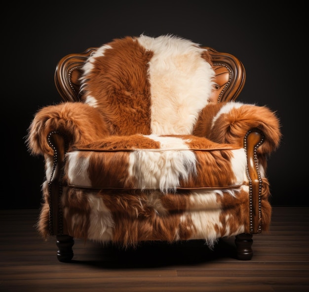 A brown and white chair with a fur covered back ai