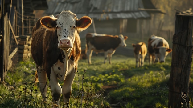 Brown and White Cow Grazing on Green Field