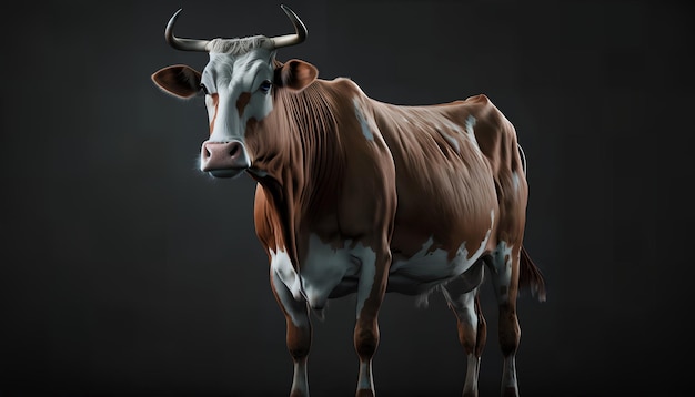 A brown and white cow is standing in a dark room.