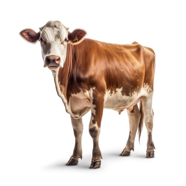 A brown and white cow is standing in front of a white background.