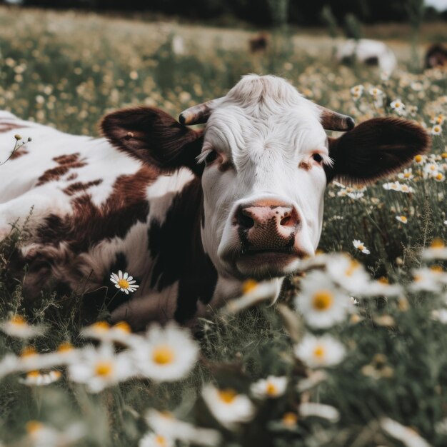 花畑に横たわる茶色と白の牛 AI生成画像