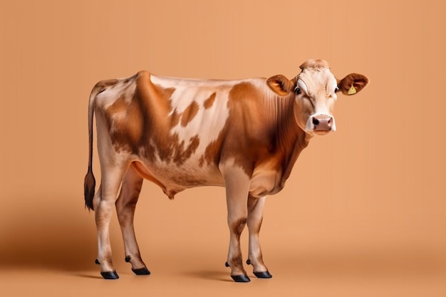 Коричневая и белая корова, стоящая на коричневом фоне