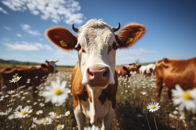 A brown and white cow standing in a field of flowers