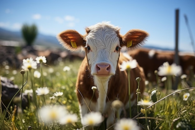 A brown and white cow standing in a field of flowers