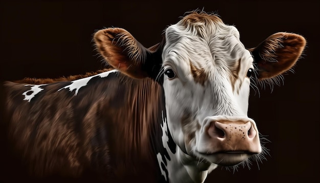 A brown and white cow with a brown spot on its face