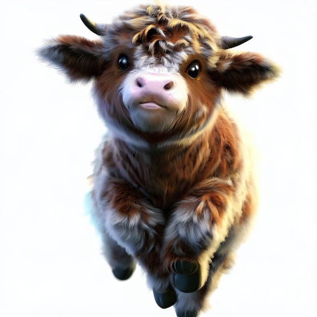 A brown and white cow with horns and a black nose.
