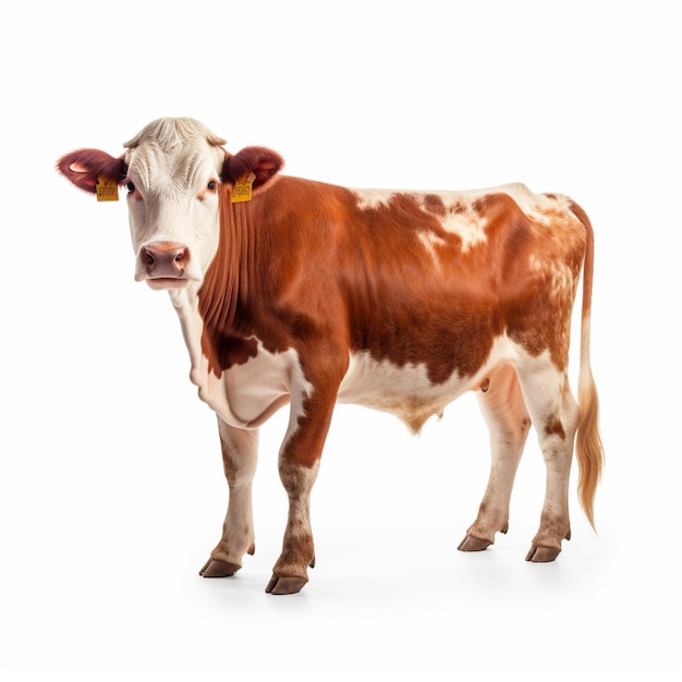 A brown and white cow with a tag on its ear is standing in front of a white background.