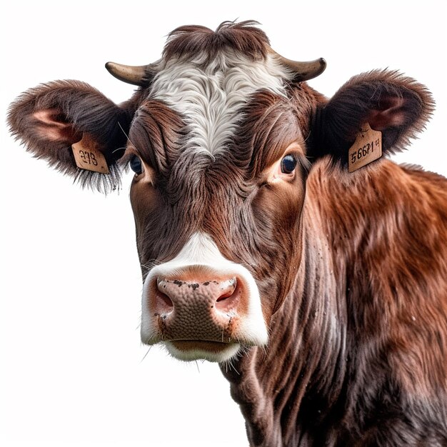 A brown and white cow with a tag on its ear.