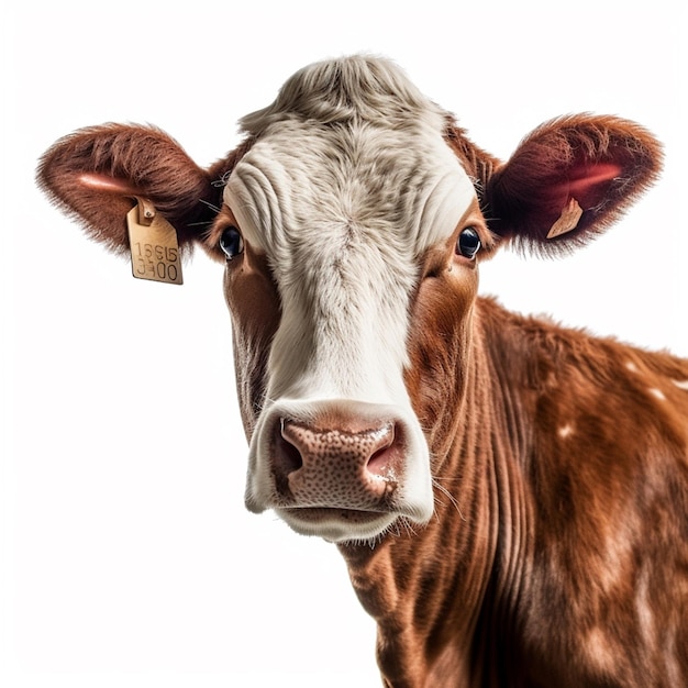 A brown and white cow with a tag in its ear.